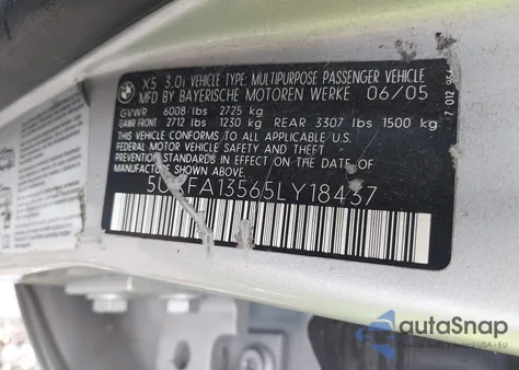 2005 BMW X5 3.0I из США, поврежденный, VIN 5UXFA13565LY18437